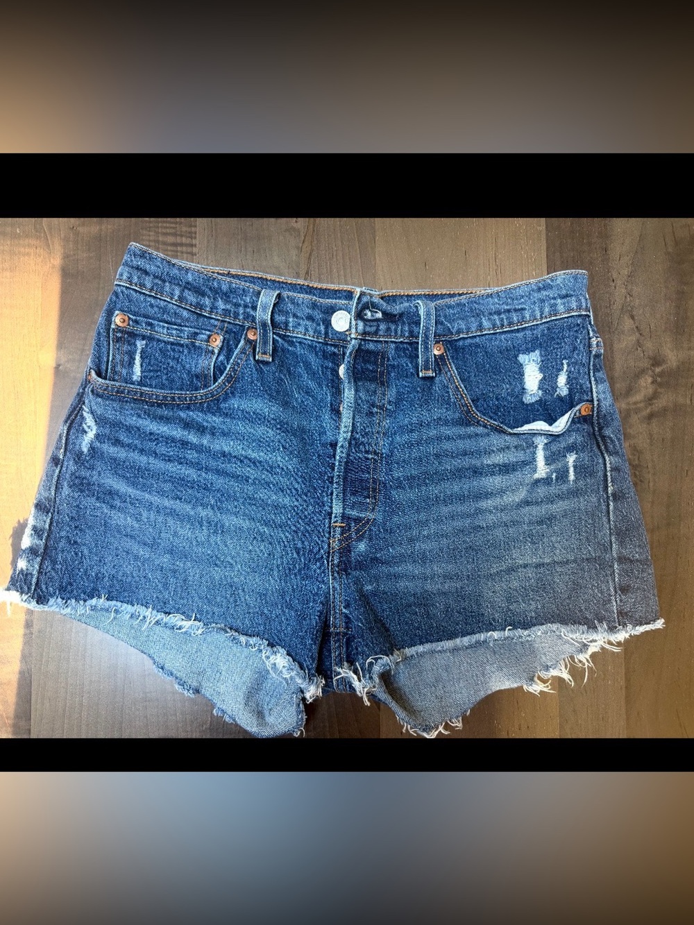 Signature by Levi Strauss Dark Blue Distressed Denim Shorts